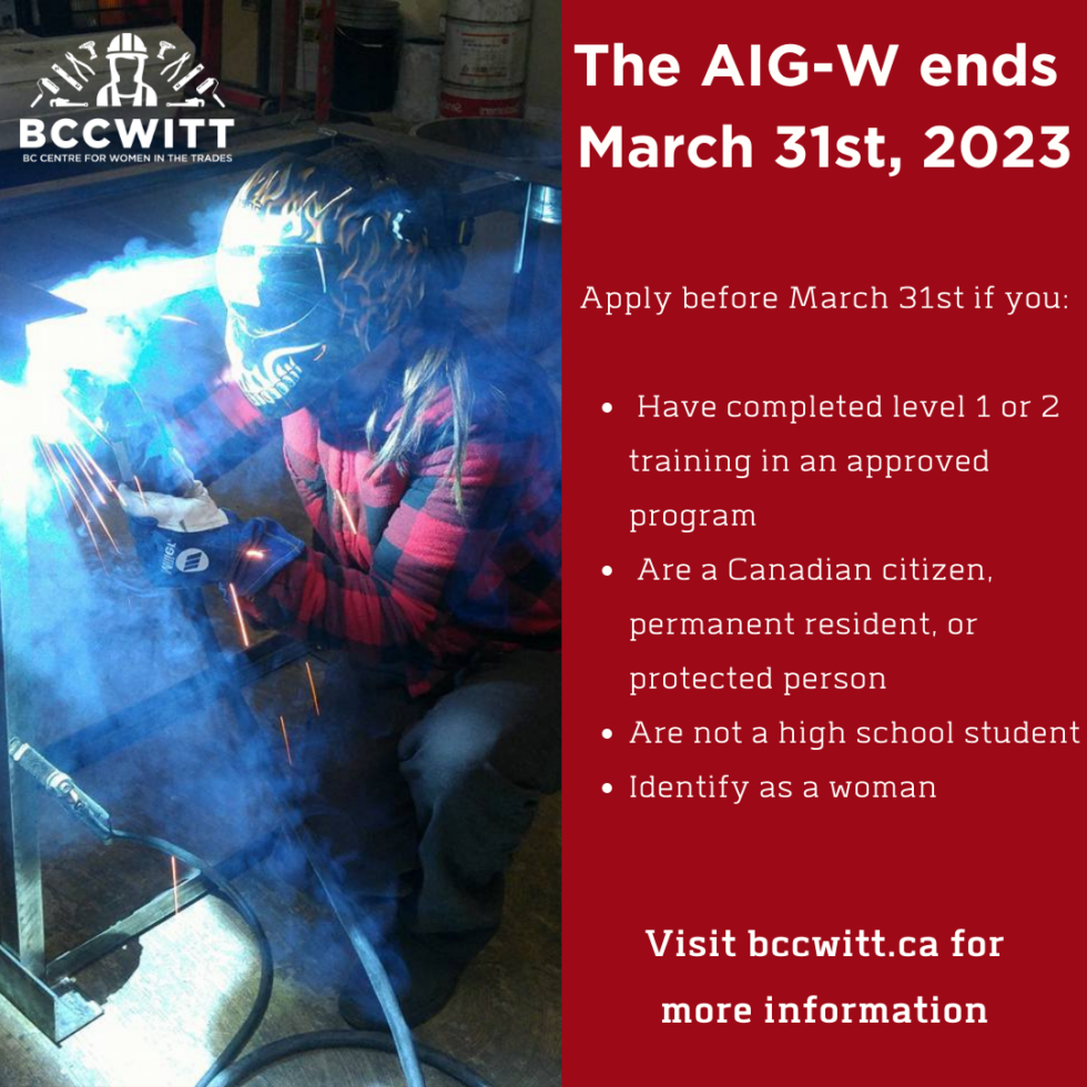Apprentice Incentive Grant for Women ending March 31st, 2023 BCCWITT